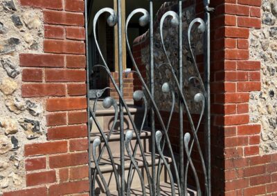 Sculptural gate in hand forged wrought iron with an organic fluid design based upon plants
