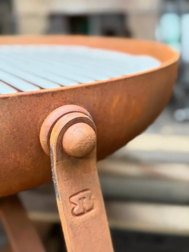 One of our Rivet fire bowls after blasting and patination . Supplied with a bespoke stainless Plancha grill ready for a client in the midlands. #firebowl #grill #plancha #firepit #firepitdesign #gardendesign