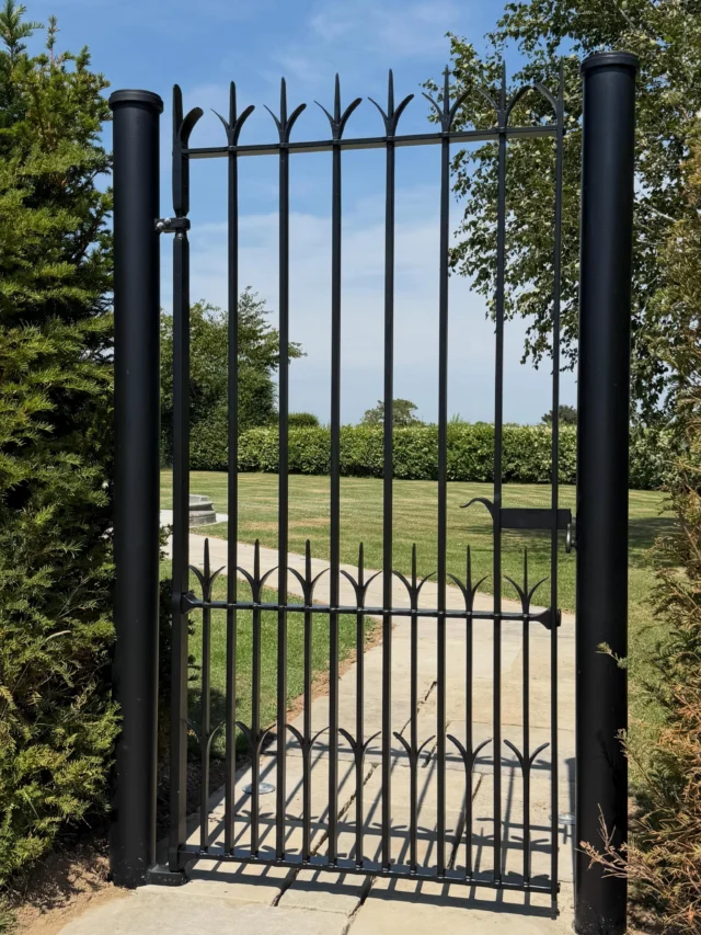 Two minutes down the lane from our forge you’ll now find these two. A reminder that It’s always  very nice to make local work! Super easy install this afternoon  as the posts had already been installed by the clients contractors who are busy making a new swimming pool that these now help enclose. This design is a homage to an earlier gate we made for clients in Primrose Hill some years ago. #gates #ironwork #gardengate #blacksmith #forged
