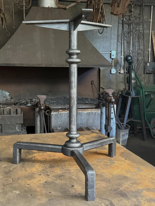 It’s a wrap on this one….. a forged pedestal base with tenoned construction. This piece goes with  the recently completed trestle table shown in the last slide.  Soon to be fitted with a round oak top before heading to the alps ⛰️ #pedestaltable #forgedfurniture #iron #table